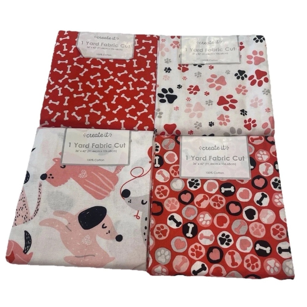 NWT Create It Dog Print Fabric 1 Yard Pup Love Heart Paw Cut Valentine 36x42 Lot